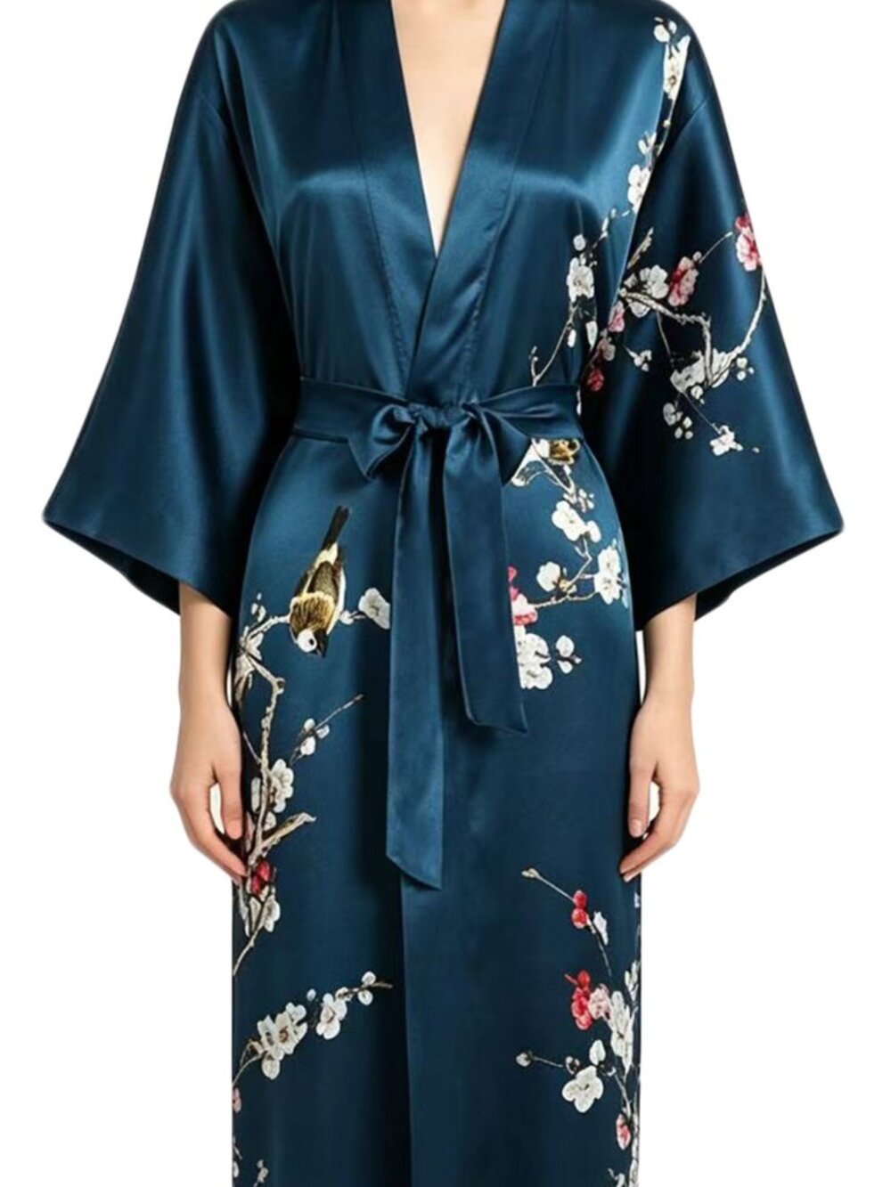 Grace Silk 100% Silk Kimono, Plum Tree Blossoms, Bluegreen, Long Robe